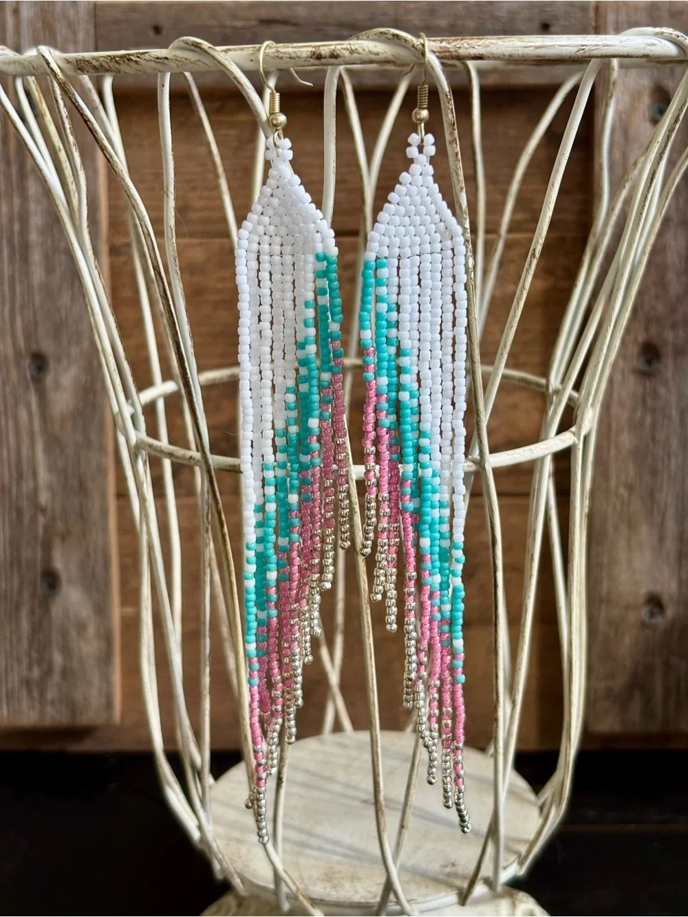 White Turquoise Pink Gold Long Fringe Beaded Earrings Cowgirl Boho Festival Wear